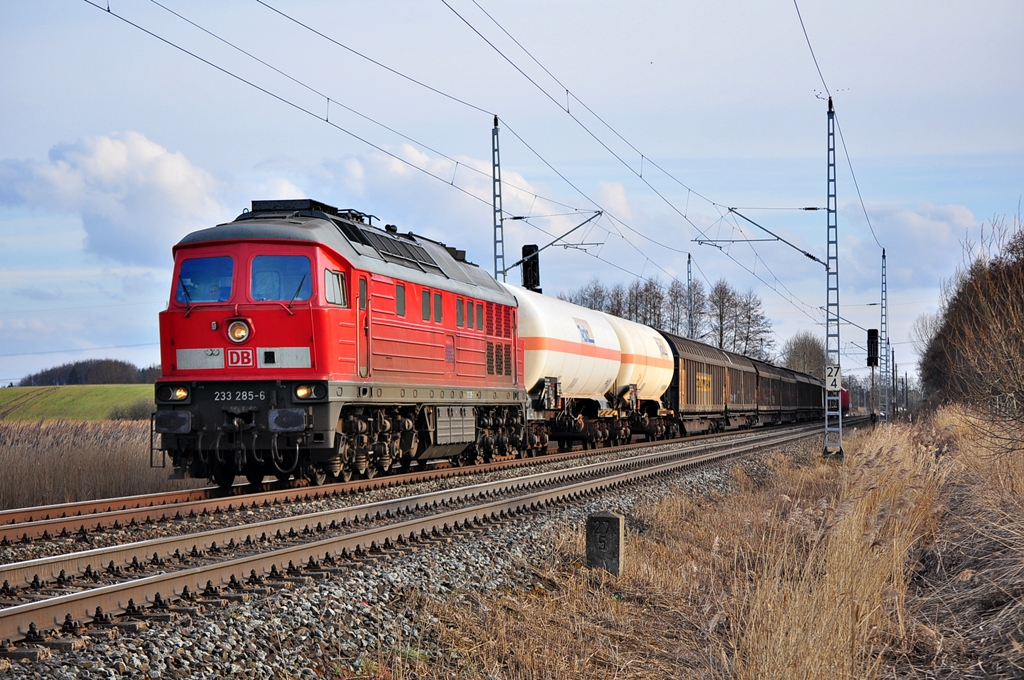 Aus Wismar kommend hat die 233 285 mit dem Nahgterzug 53211 ihr Ziel Rostock-Seehafen am 08.04.2013 fast erreicht.