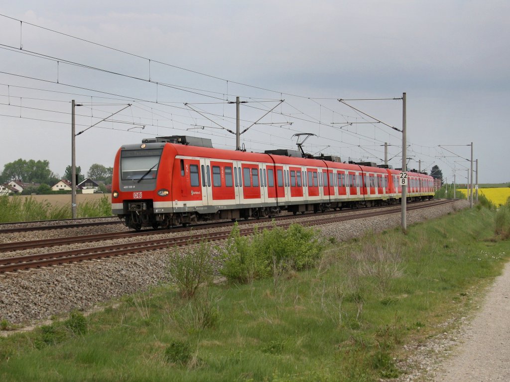 Der 423 133 mit einem Weiteren als S Bahn nach Petershausen am 28.04.2011 unterwegs bei Hebertshausen. 
