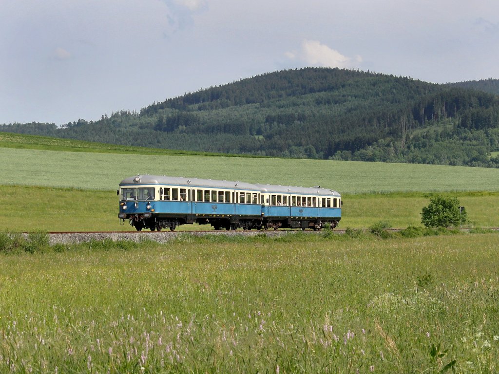 Der Esslinger Triebwagen der Wanderbahn am 04.06.2011 unterwegs bei Ruhmannsfelden.