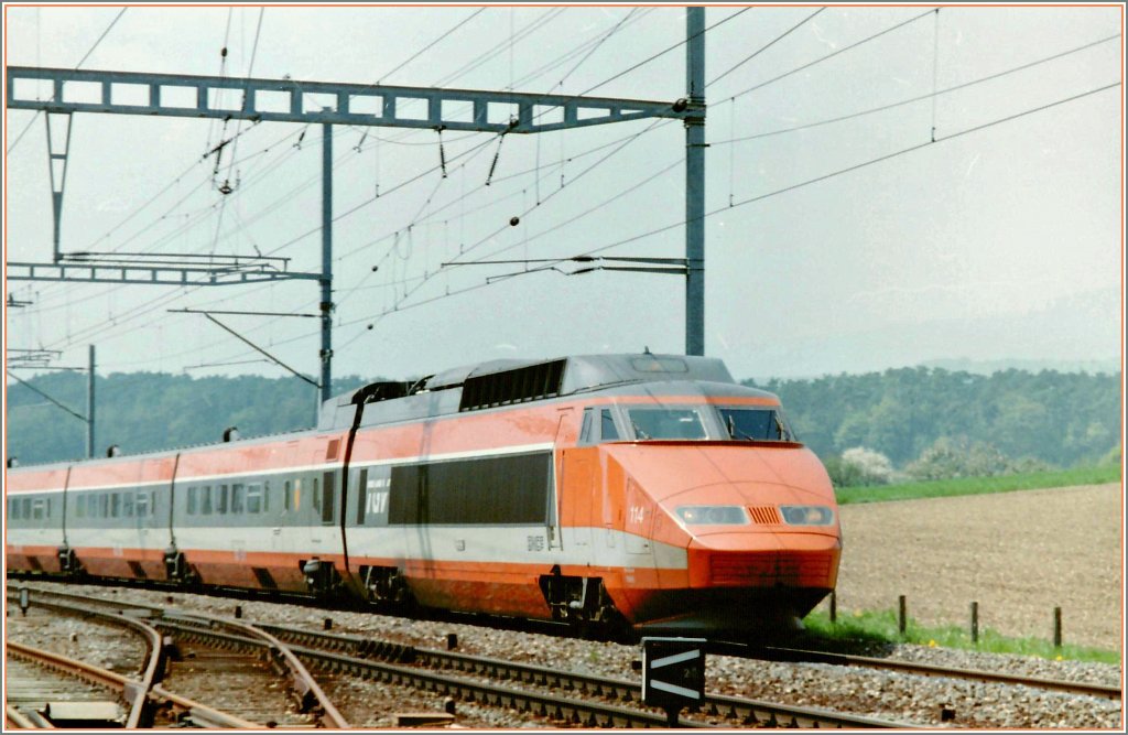 Der TGV nach Paris bei der Durchfahrt in Anrex. Frühjahr 1995