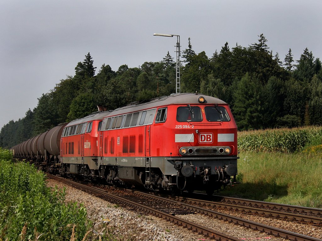 Die 225 094 und die 225 030 am 25.08.2009 mit einem Kesselwagenzug bei der Einfahrt in Tling. 
