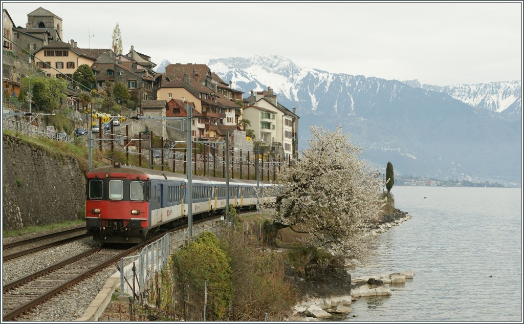 Ein Entlastungzug nach Lausanne mit einem BDt Steuerwagen an der Spitze bei St-Saphorin am 9. April 2012
