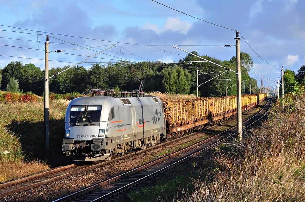 Ein Stier am Morgen vertreibt Kummer und Sorgen.ES64 U2-102 von Raildox rollt mit ihrem Holzzug nach Stendal am 07.10.2012 durch Sildemow in Richtung Schwerin.