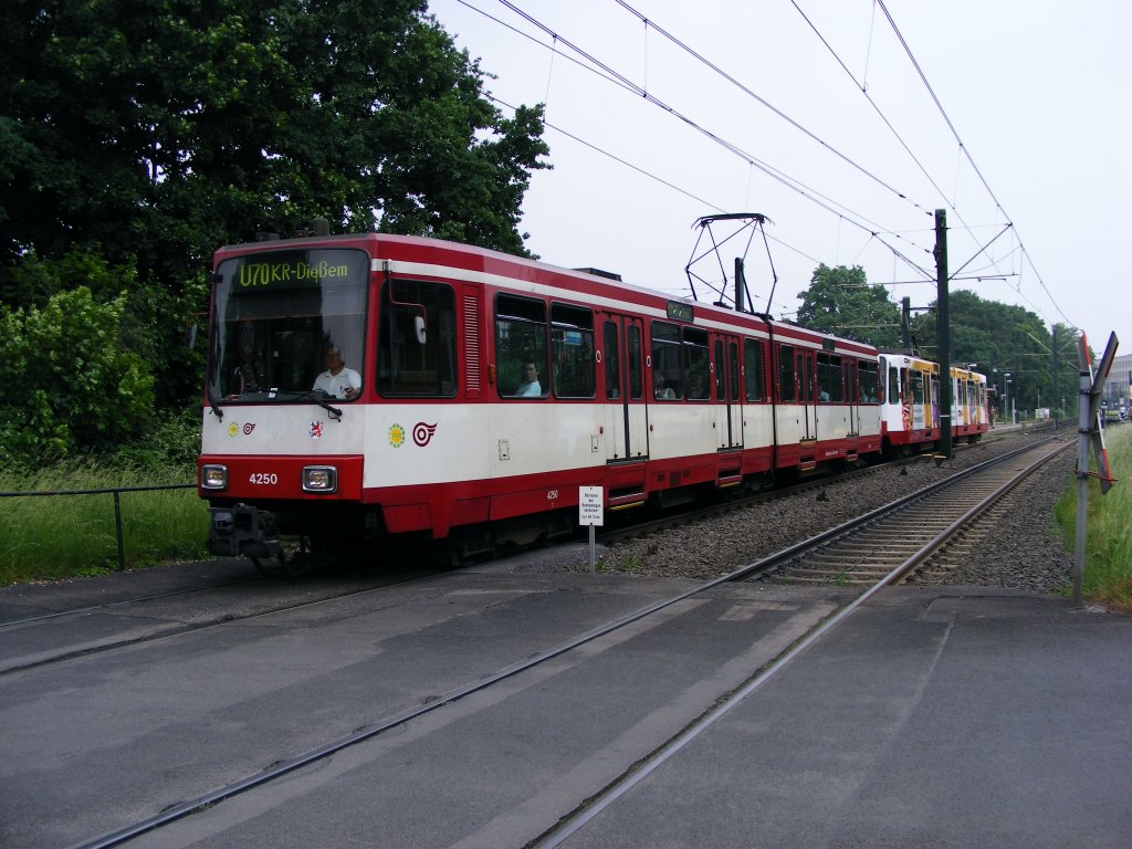 Eine Doppeltraktion aus Stadtbahnwagen B der Rheinbahn hat am 30. Mai 2008 gerade die Haltestelle in Dsseldorf-Lrick verlassen.