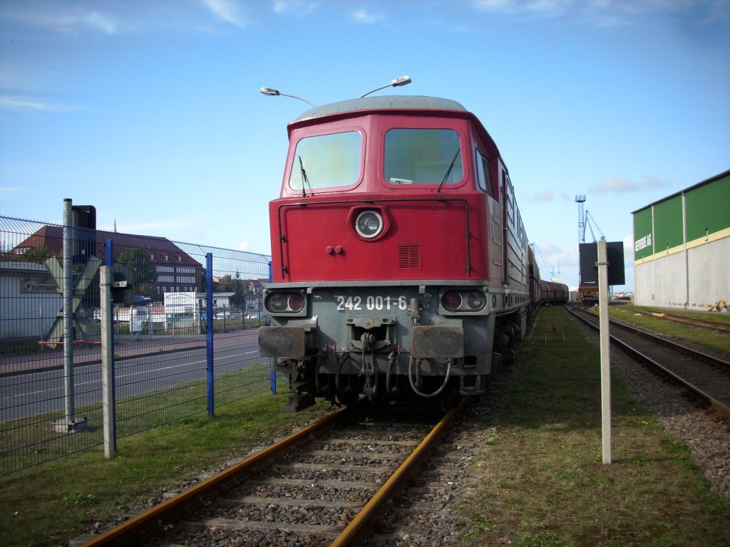EKO 242 001 in ihrer alten Heimat Stralsund,am 01.Oktober 2009,im bergabebereich zum Stralsunder Nordhafen.