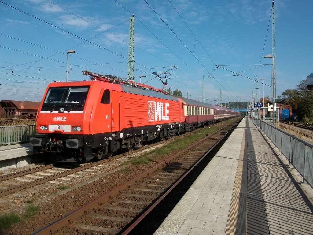 Mller`s Saufzug Binz-Kln wurde am 10.Oktober 2010 von der neuen WLE-Lok 81 (189 801) bespannt,als Dieser durch Bergen/Rgen fuhr.