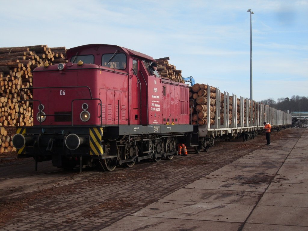 PBSV-Lok Nr.06 holte am 28.Februar 2010 aus dem Stralsunder Sdhafen beladene Holzwagen ab.