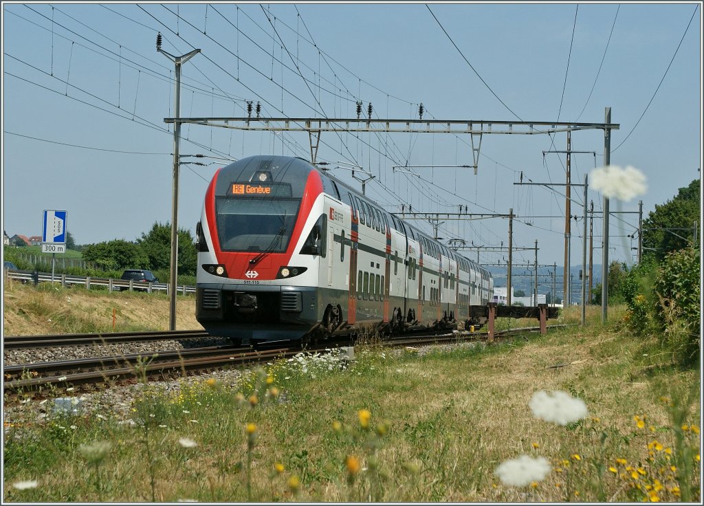 SBB RABe 511 115 als RE auf der Fahrt nach Genve bei Lonay-Prveranges. 
15. Juli 2013