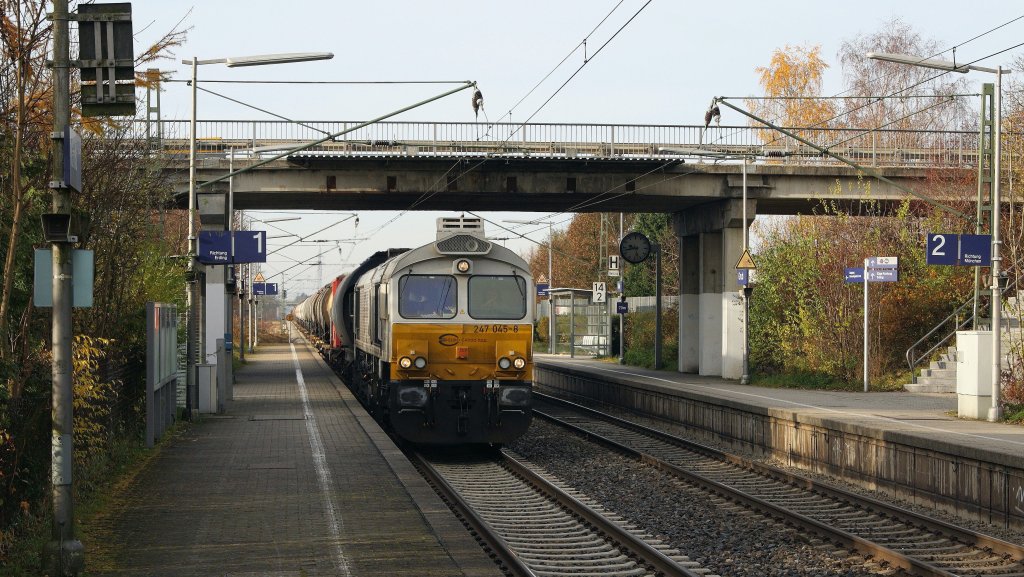Unter der stillgelegten Gruber Straenbrcke wurde am 18.11.12 die 247 045-8 mit einem langen und bunt zusammengestellten gemischten Gterzug Richtung Mhldorf abgelichtet.