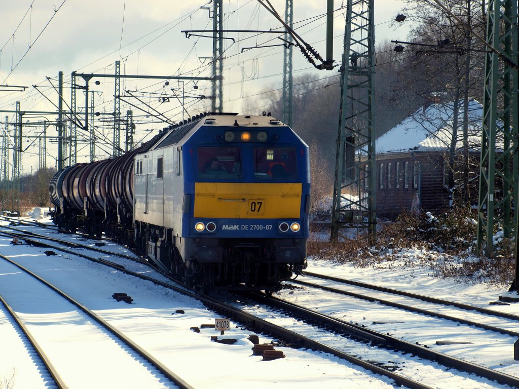 Zur Freude der  NOBSE  fuhr DE 2700-07 von Veolia Transport mit einem ler aus dem Rangierbahnhof Hamburg-Harburg nach Hohe-Schaar am 6.3.
