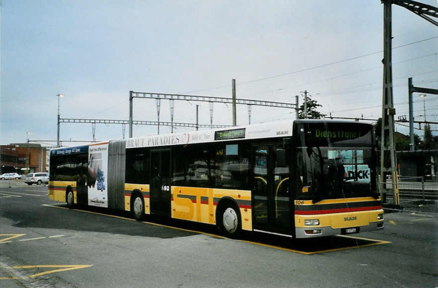 (100'435) - STI Thun - Nr. 106/BE 577'106 - MAN am 24. Oktober 2007 beim Bahnhof Thun (prov. Haltestelle)