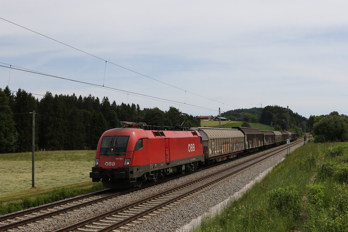 1016 003 mit einem kurzen Gterzug aus Salzburg kommend am 3. Juni 2020 bei Grabensttt.