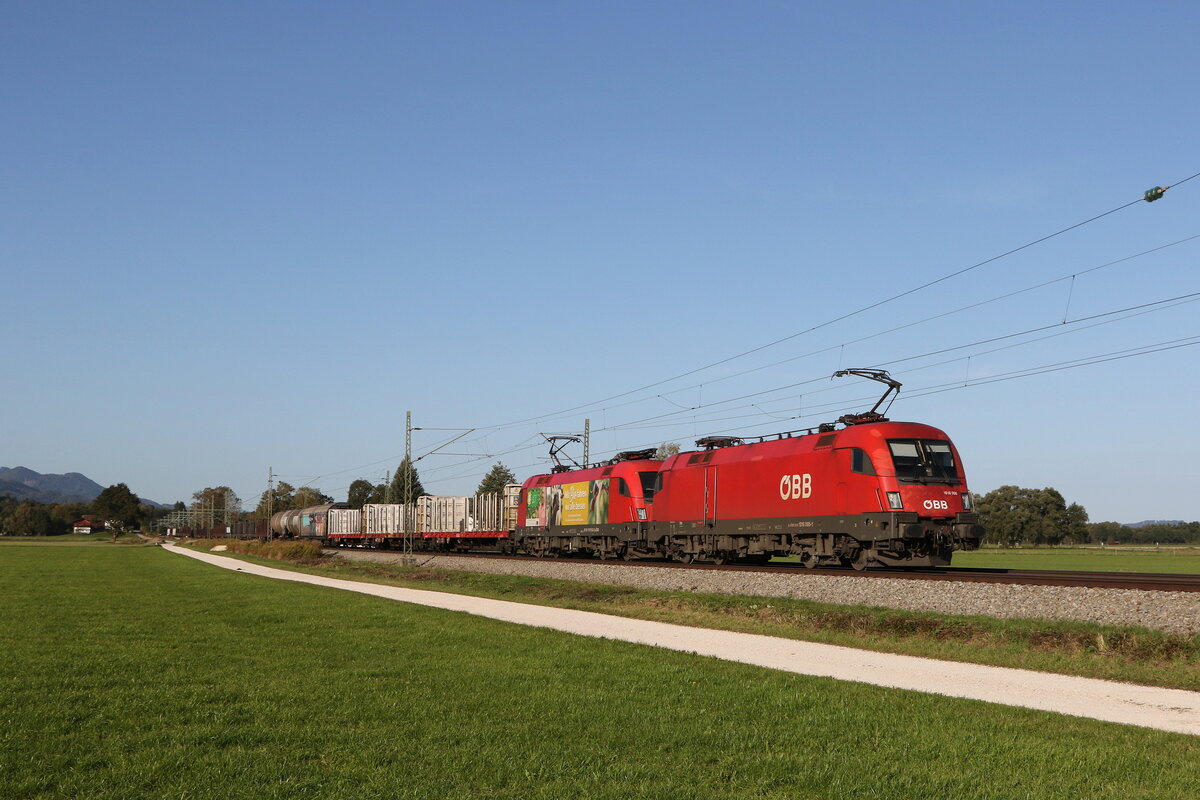 1016 005 und 1116 165  BIO AUSTRIA  waren am 6. Oktober 2022 bei bersee in Richtung Freilassing unterwegs.