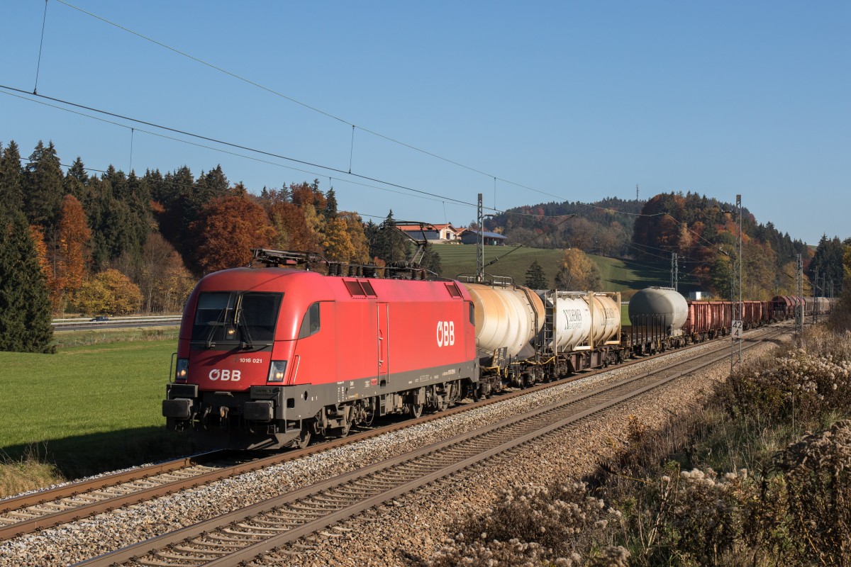 1016 021-8 mit einem gemischten Gterzug am 31. Oktober 2015 bei Grabensttt.