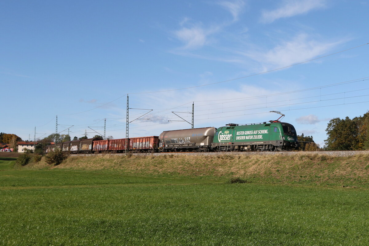 1016 021  GSSER  war am 28. Oktober 2023 mit einem gemischten Gterzug bei Rckstetten in Richtung Salzburg unterwegs.