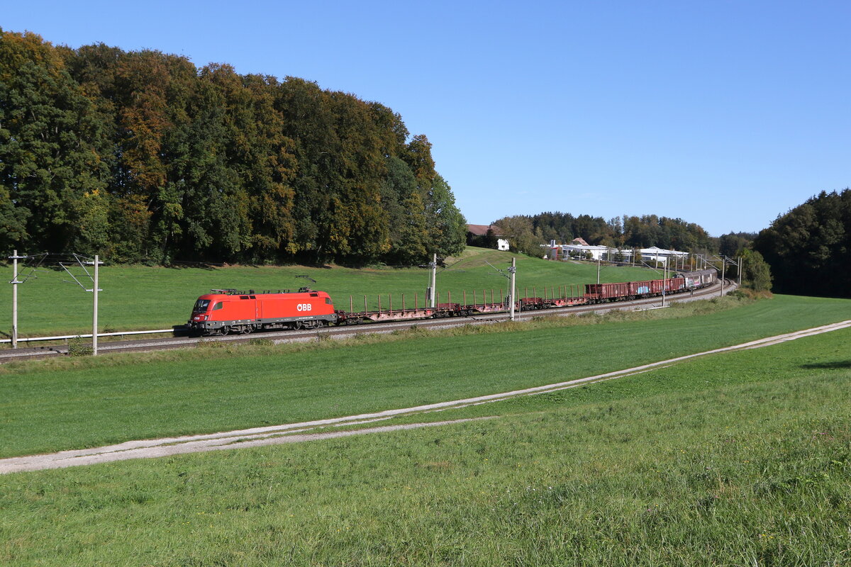 1016 038 mit einem gemischten Gterzug aus Salzburg kommend am 9. Oktober 2024 bei Axdorf.