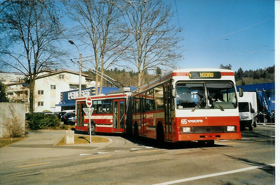 (104'214) - VB Biel - Nr. 65 - Volvo/R&J Gelenktrolleybus am 16. Februar 2008 in Biel, Lhre