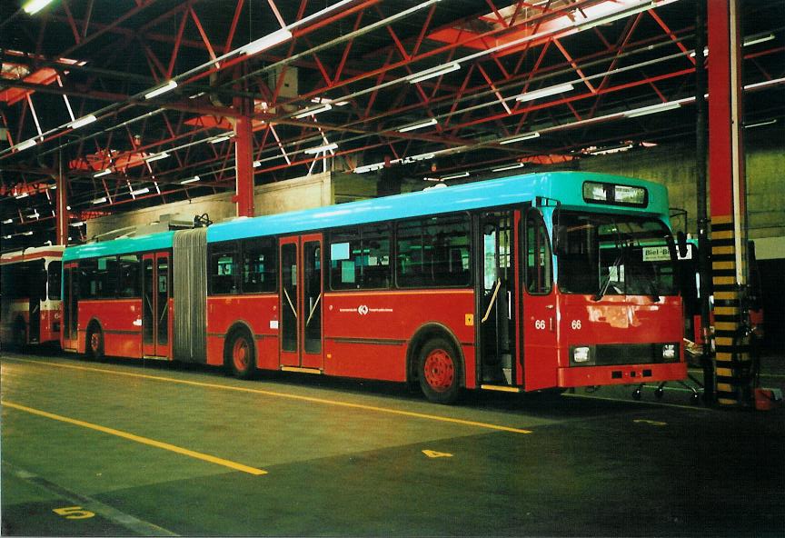 (107'626) - VB Biel - Nr. 66 - Volvo/R&J Gelenktrolleybus am 1. Juni 2008 in Biel, Depot