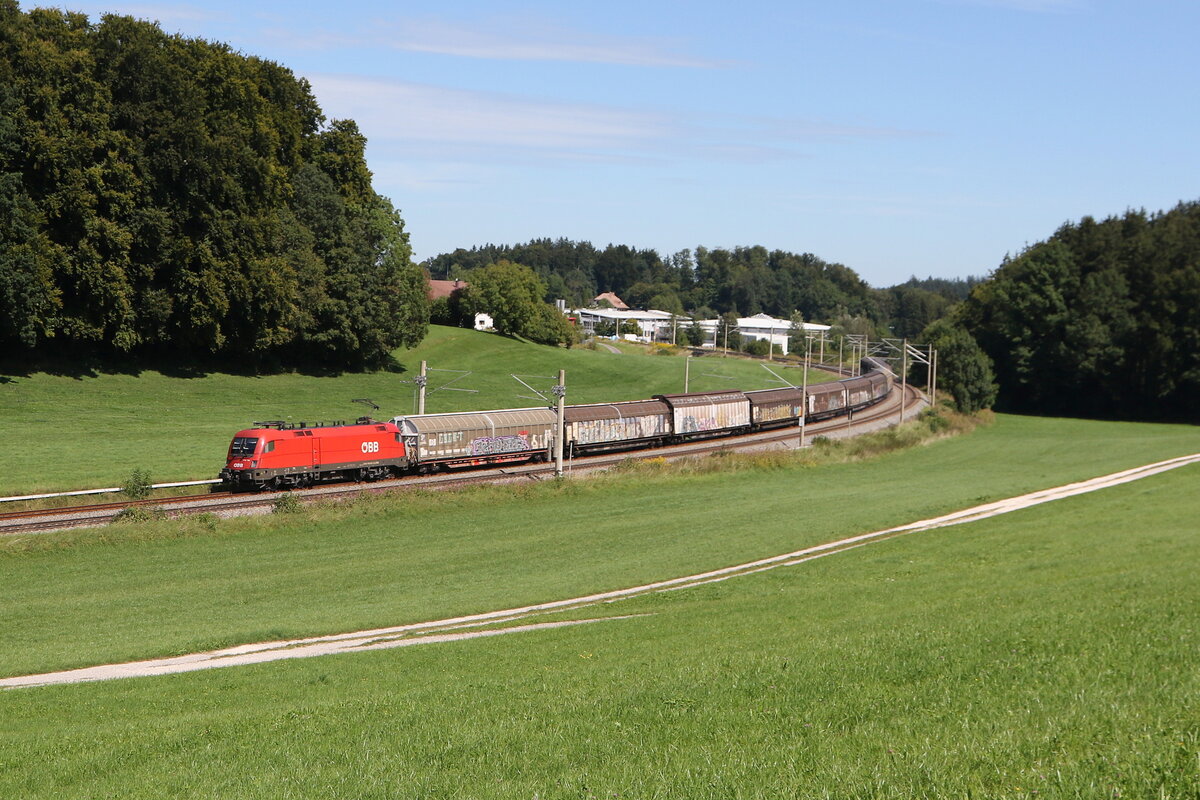 1116 102 mit dem  Papierzug  aus Salzburg kommend am 1. September 2025 bei Axdorf.
