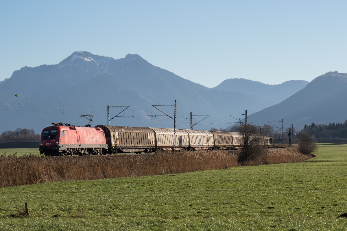 1116 139-7  Johann  mit einem Gterzug aus Salzburg kommend bei Bernau am Chiemse.