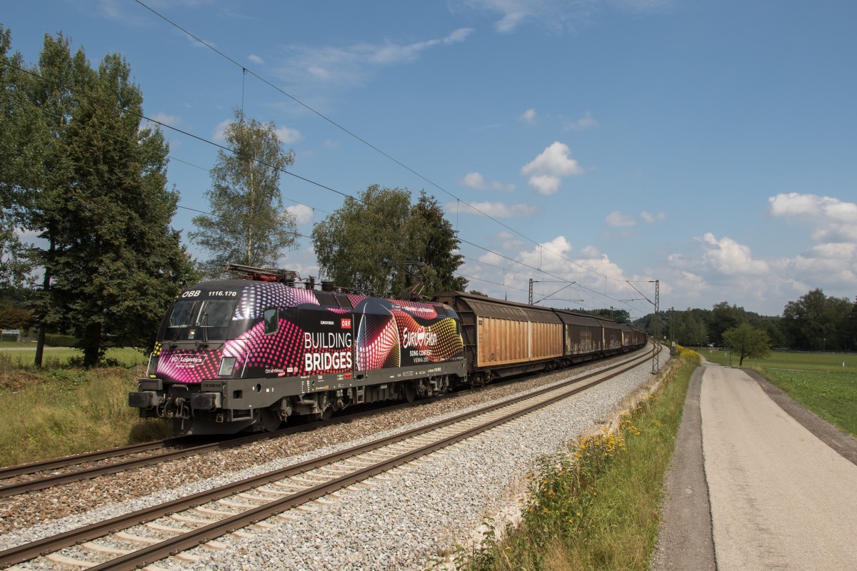 1116 170  Building Bridges  mit einem Gterzug am 18. August 2015 bei Baierbach.