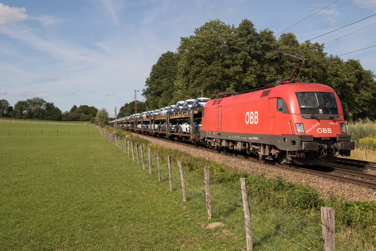 1116 193-4  Manfred  mit einem Autozug aus Mnchen kommend am 25. August 2015 in Vogl.