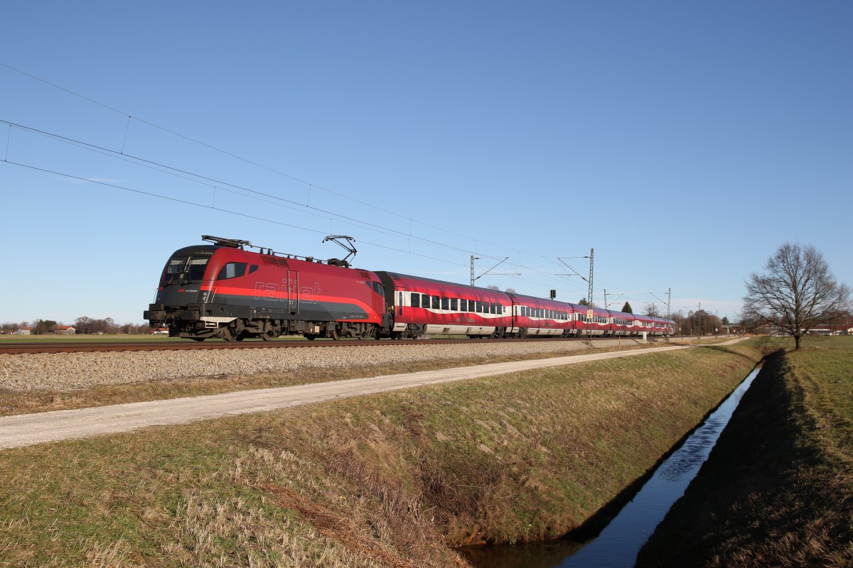 1116 234-6 mit dem  Ski-WM-Railjet  am 10. Januar 2015 bei bersee am Chiemsee.