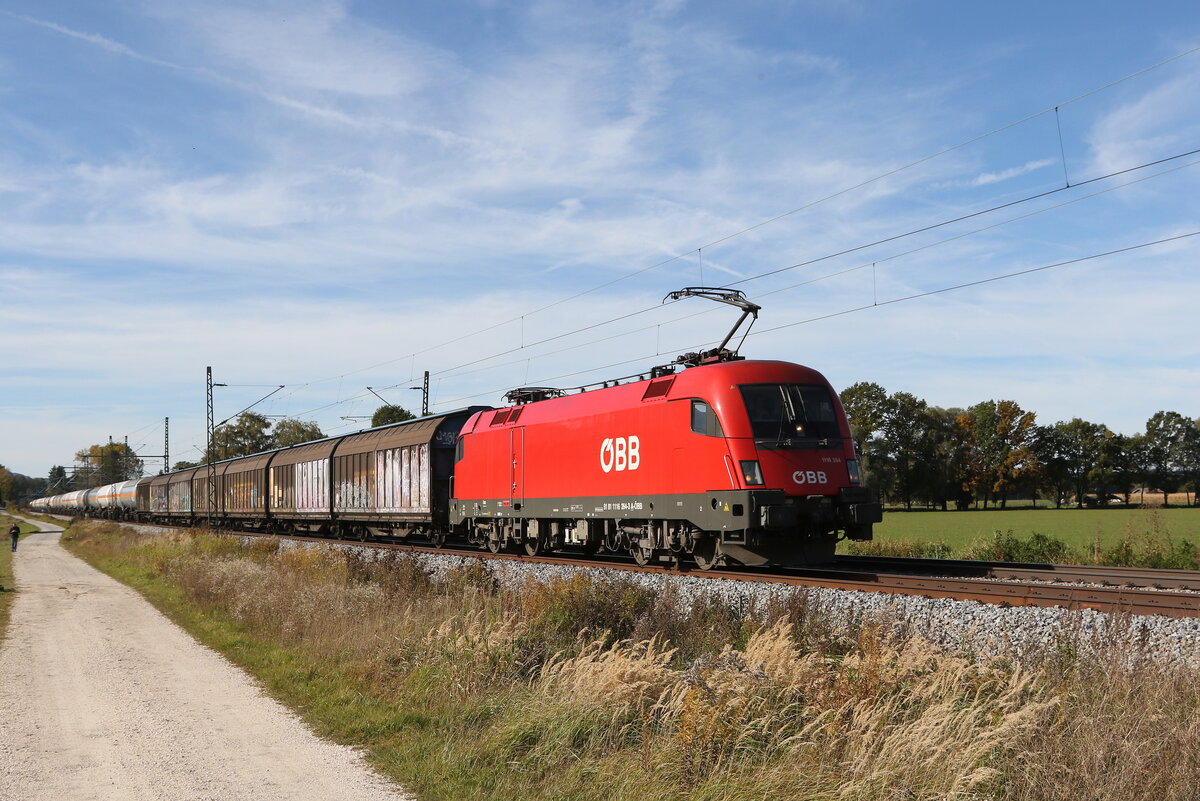 1116 264 war am 20. Oktober 2021 mit einem gemischten Gterzug bei bersee am Chiemsee in Richtung Salzburg unterwegs.