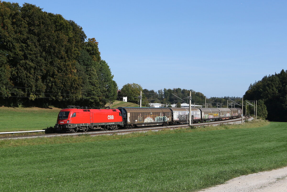 1116 279 war am 11. Oktober 2023 mit Schiebewandwagen bei Axdorf in Richtung Rosenheim unterwegs.