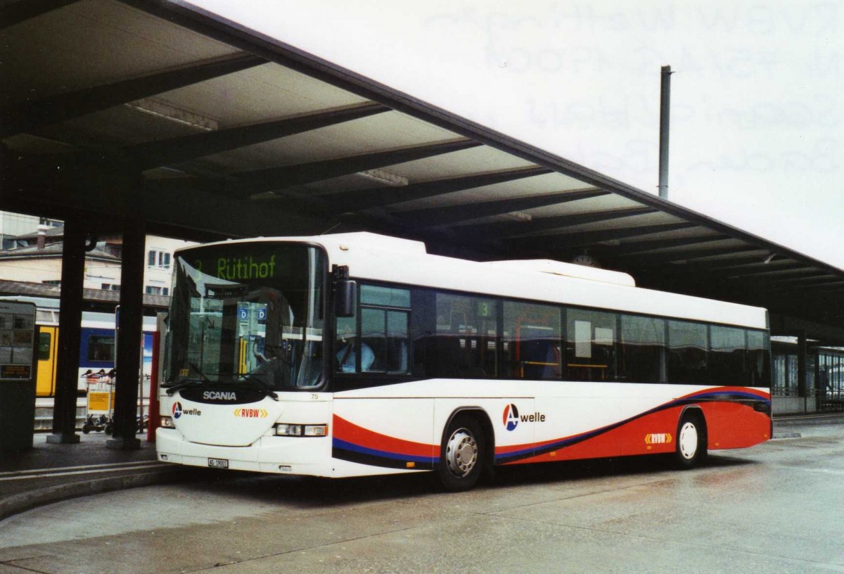 (125'414) - RVBW Wettingen - Nr. 75/AG 19'001 - Scania/Hess am 14. April 2010 beim Bahnhof Baden