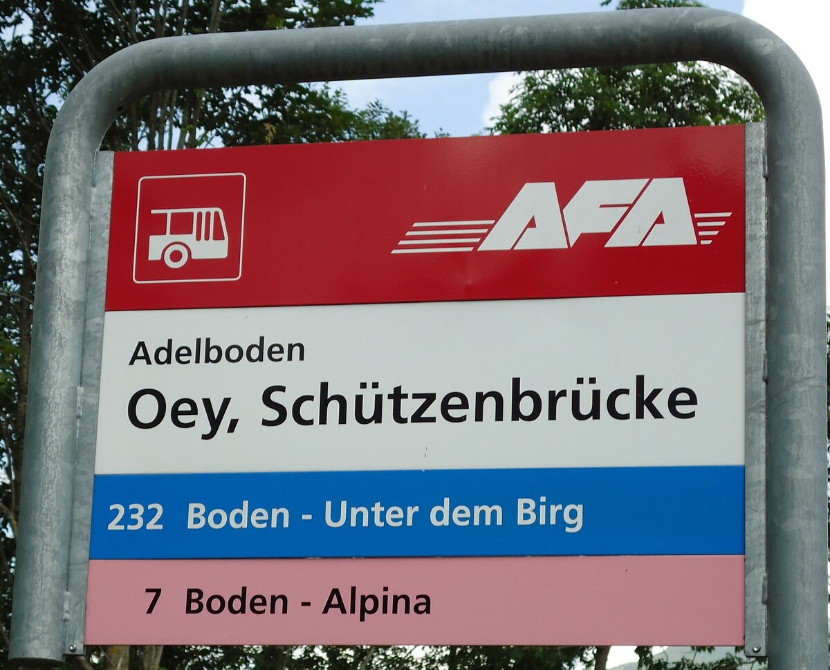 (127'964) - AFA-Haltestellenschild - Adelboden, Oey, Schtzenbrcke - am 11. Juli 2010