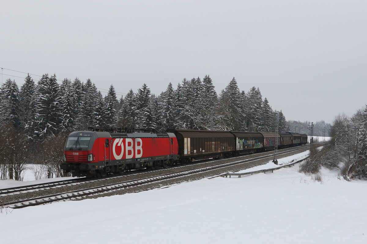 1293 192 mit einem gemischten Gterzug aus Salzburg kommend am 25. Januar 2023 bei Sossau im Chiemgau.