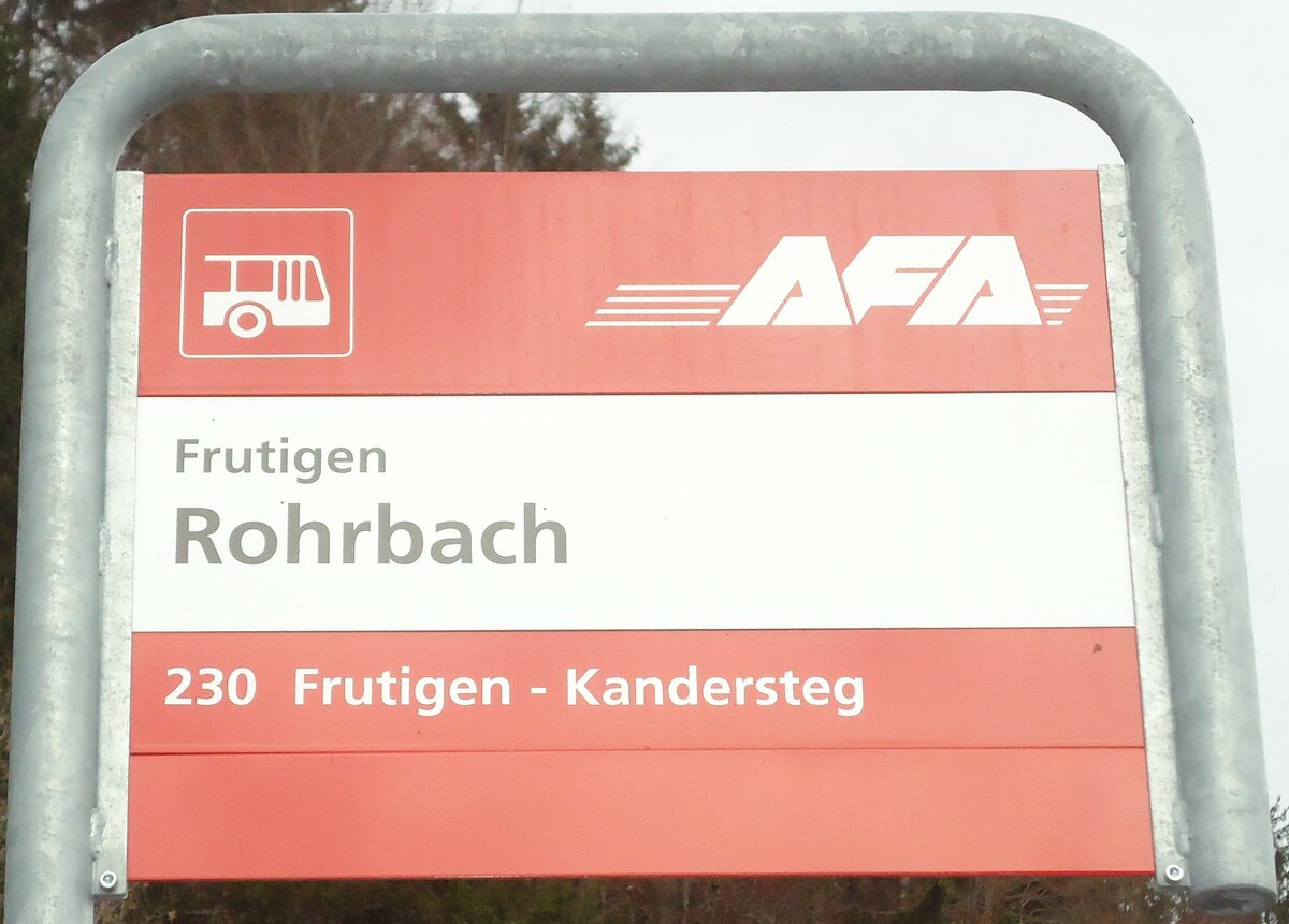 (130'970) - AFA-Haltestellenschild - Frutigen, Rohrbach - am 15. November 2010