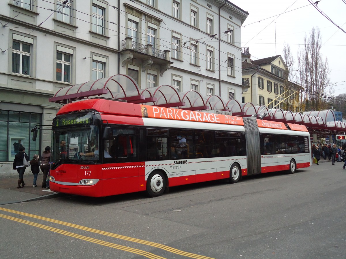 (131'038) - SW Winterthur - Nr. 177 - Solaris Gelenktrolleybus am 17. November 2010 beim Hauptbahnhof Winterthur