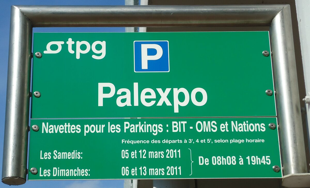 (132'845) - tpg-Haltestellenschild - Genve, Palexpo - am 10. Mrz 2011