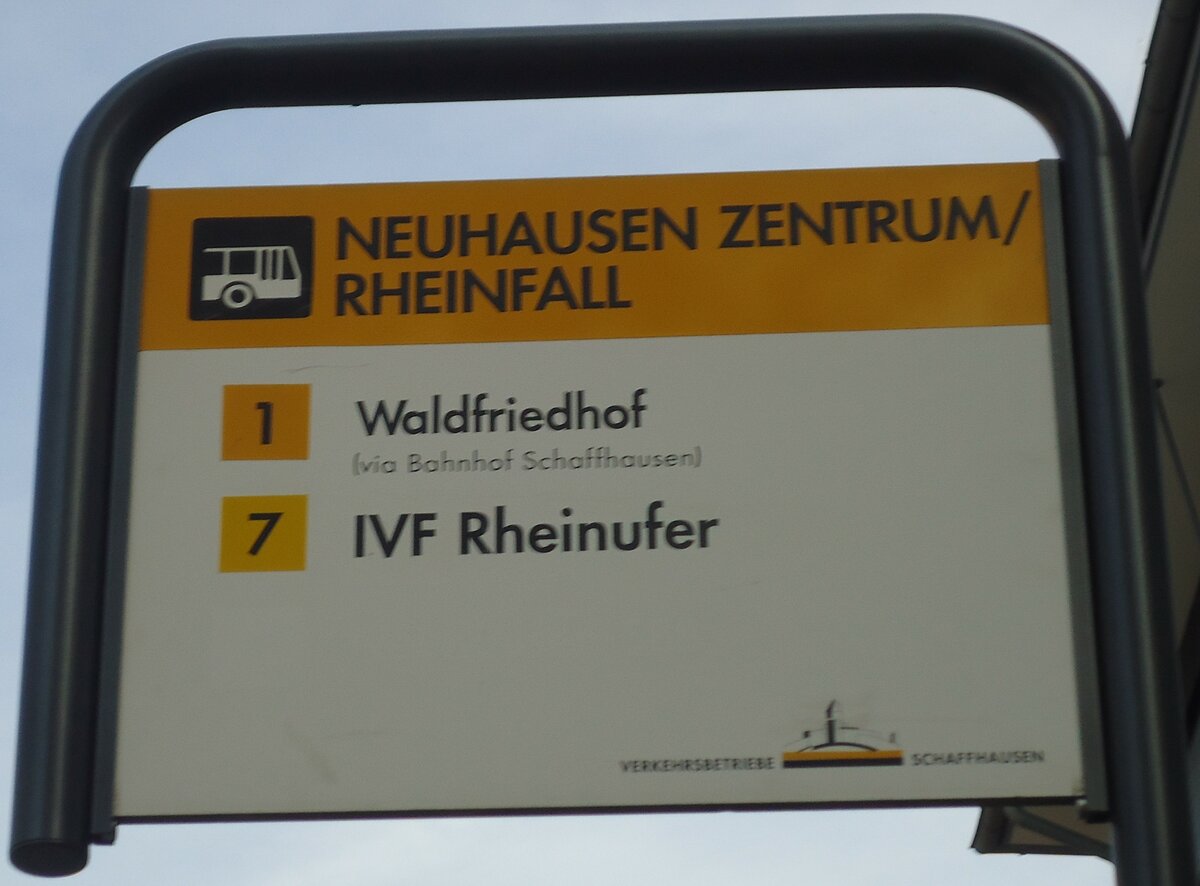 (136'164) - VERKEHRSBETRIEBE SCHAFFHAUSEN-Haltestellenschild - Neuhausen, Neuhausen Zentrum-Rheinfall - am 25. September 2011