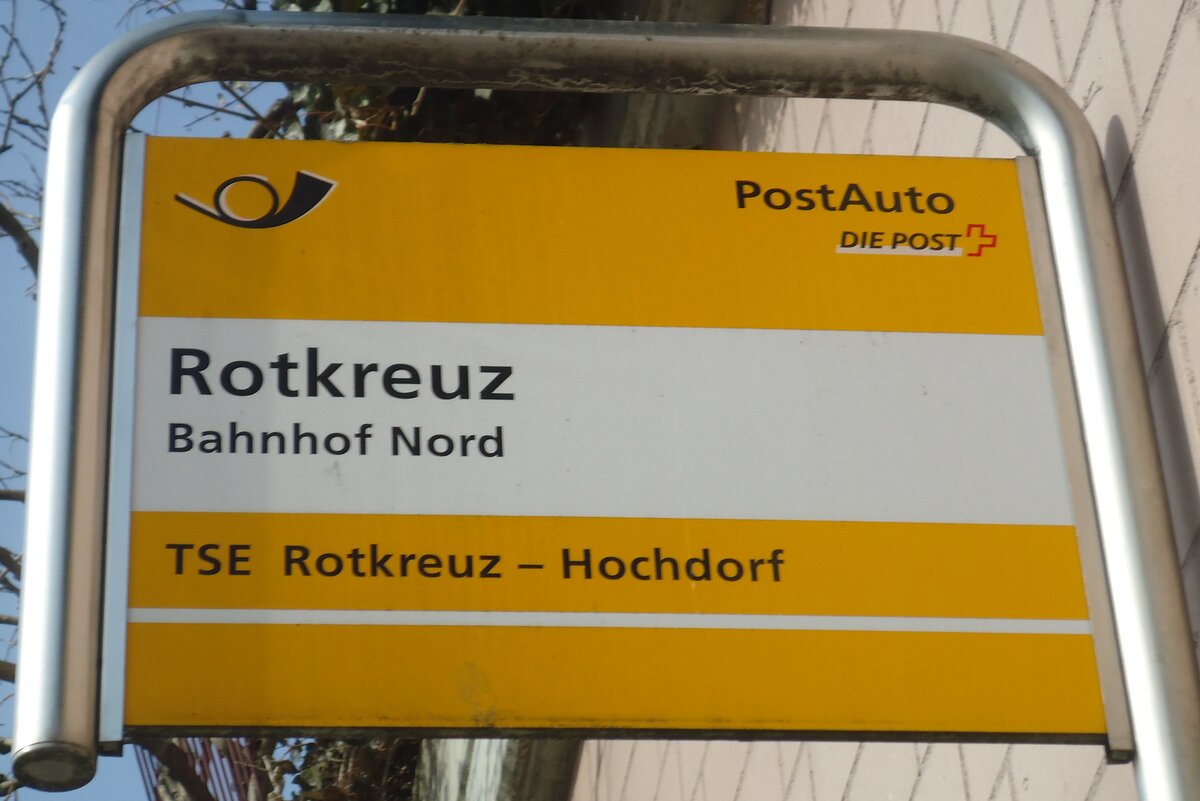 (138'054) - PostAuto-Haltestellenschild - Rotkreuz, Bahnhof Nord - am 6. Mrz 2012