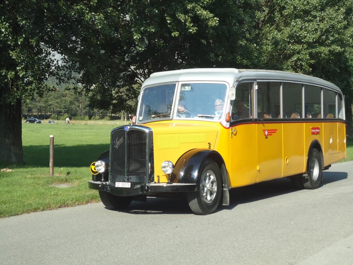 (141'629) - Kiener, Steinen - SZ 35'573 - Saurer/Eggli (ex Marti, Luzern; ex P 23'095; ex P 2147) am 15. September 2012 in Chur, Waffenplatz