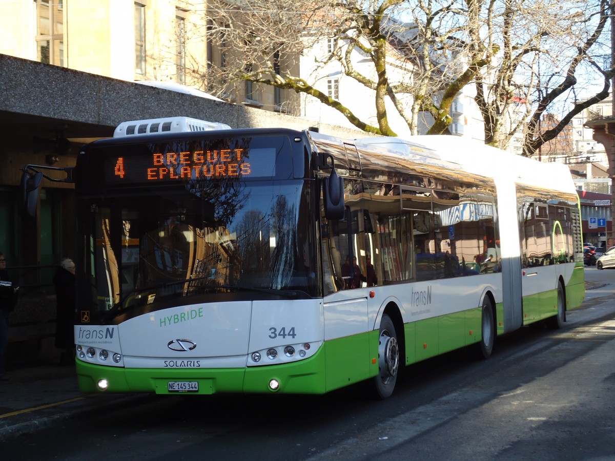 (142'777) - transN, La Chaux-de-Fonds - Nr. 344/NE 145'344 - Solaris am 29. Dezember 2012 beim Bahnhof La Chaux-de-Fonds