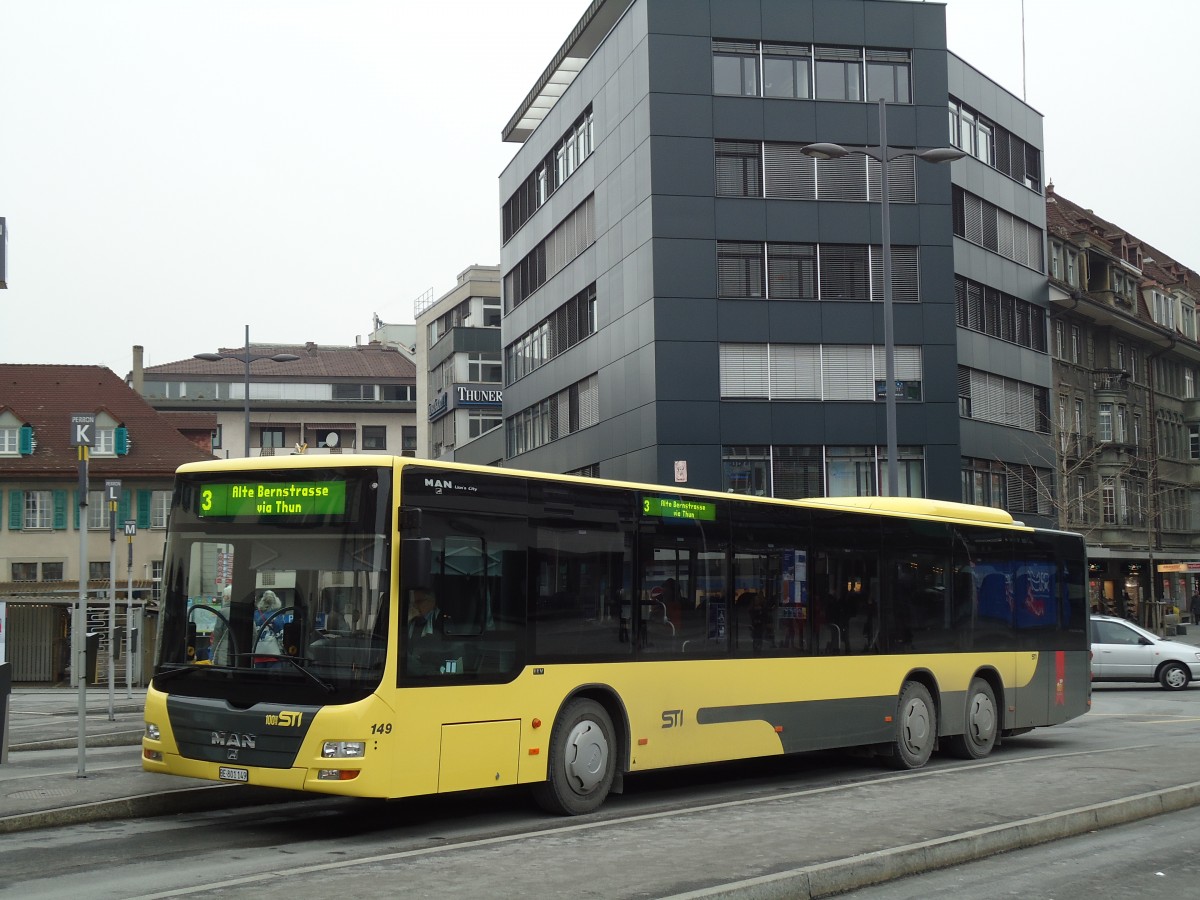 (143'054) - STI Thun - Nr. 149/BE 801'149 - MAN am 19. Januar 2013 beim Bahnhof Thun