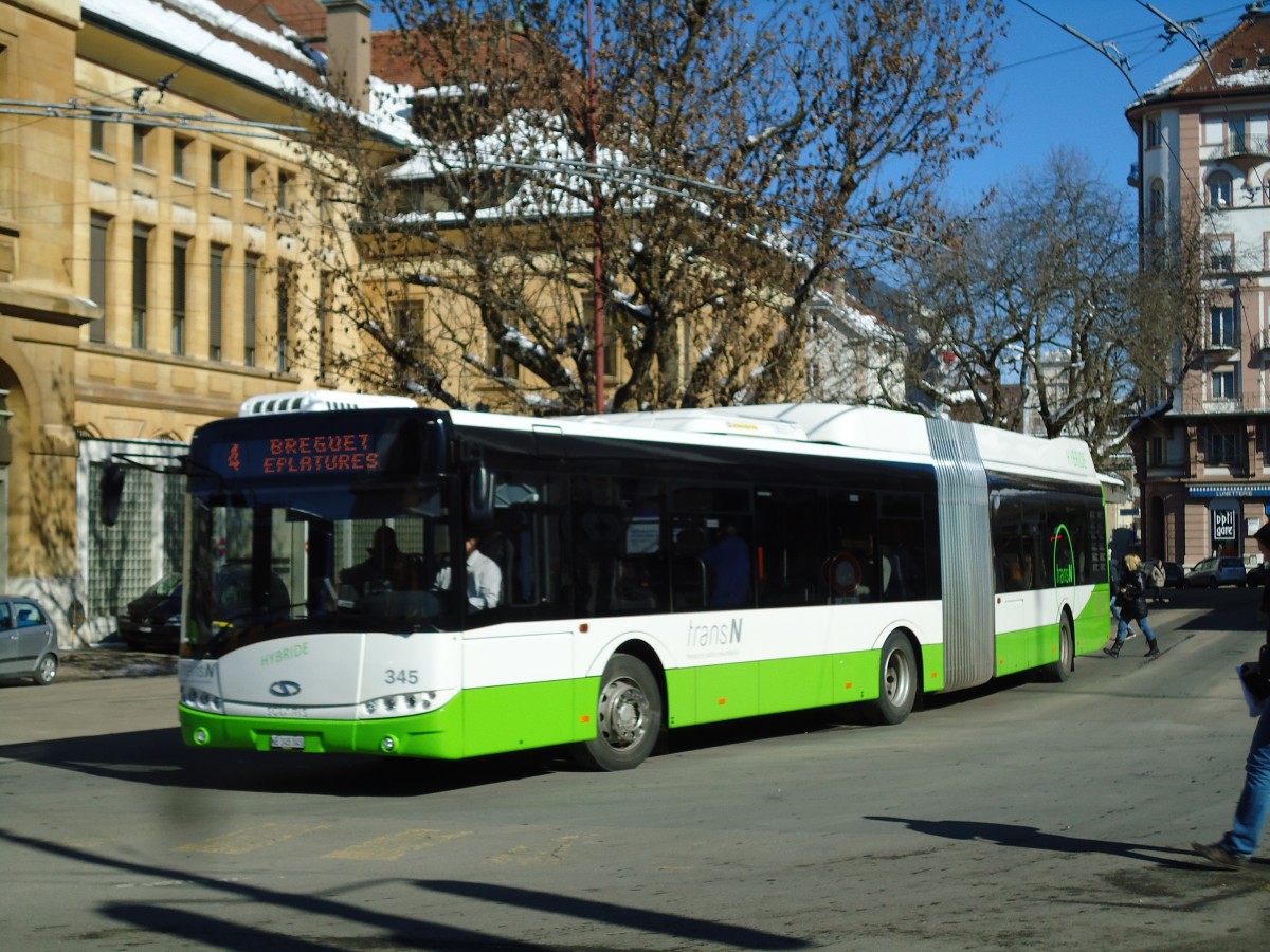 (143'239) - transN, La Chaux-de-Fonds - Nr. 345/NE 145'345 - Solaris am 19. Februar 2013 beim Bahnhof La Chaux-de-Fonds