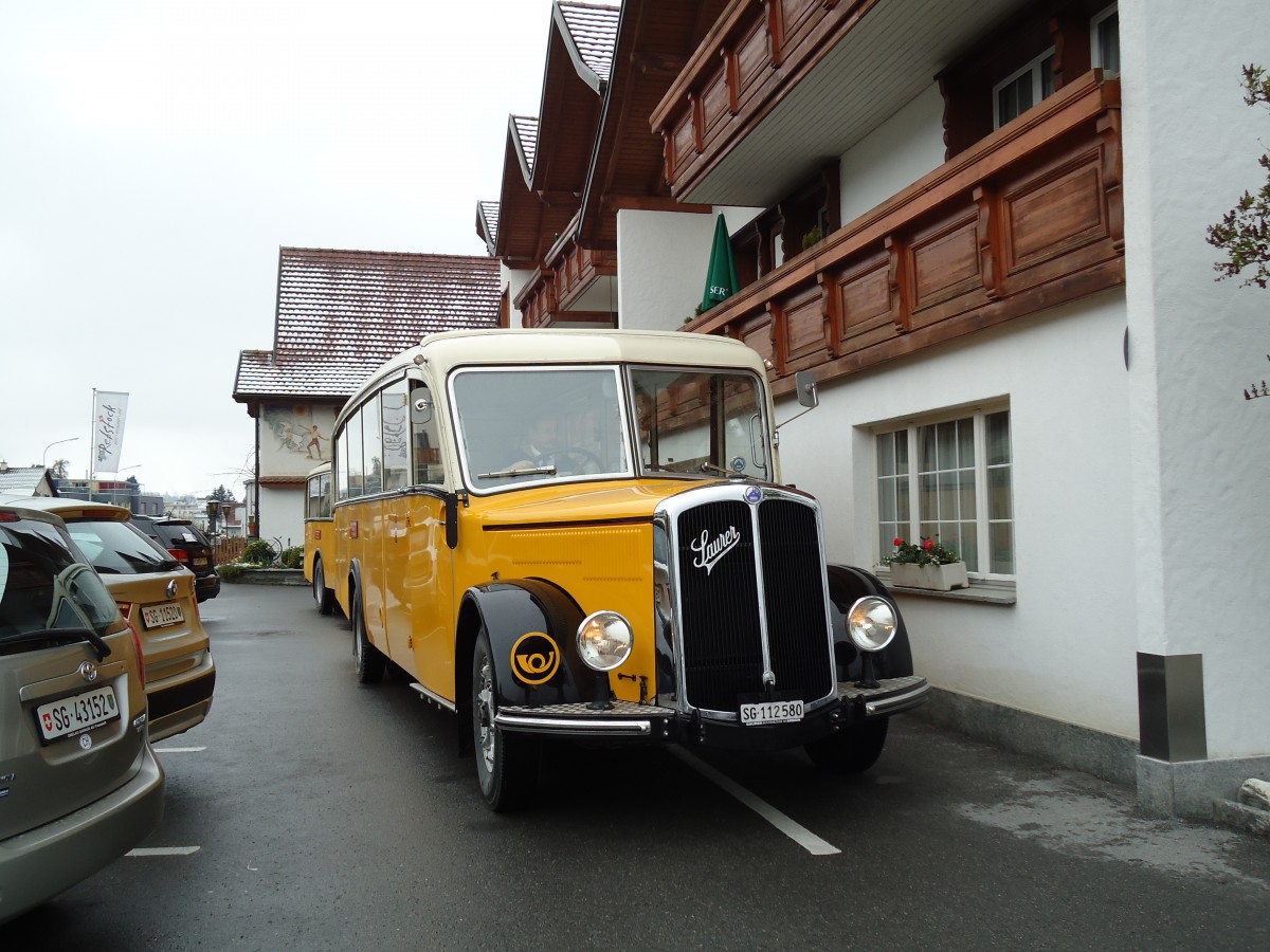 (143'702) - Baumgartner, Horn - Nr. 4/SG 112'580 - Saurer/Saurer (ex Nr. 2; ex Montegazzi, Riva San Vitale; ex AMSA Chiasso Nr. 20; ex OAK Wangen a.A. Nr. 10; ex P 23'082; ex P 2134) am 20. April 2013 in Rorschacherberg, Rest. Rebstock