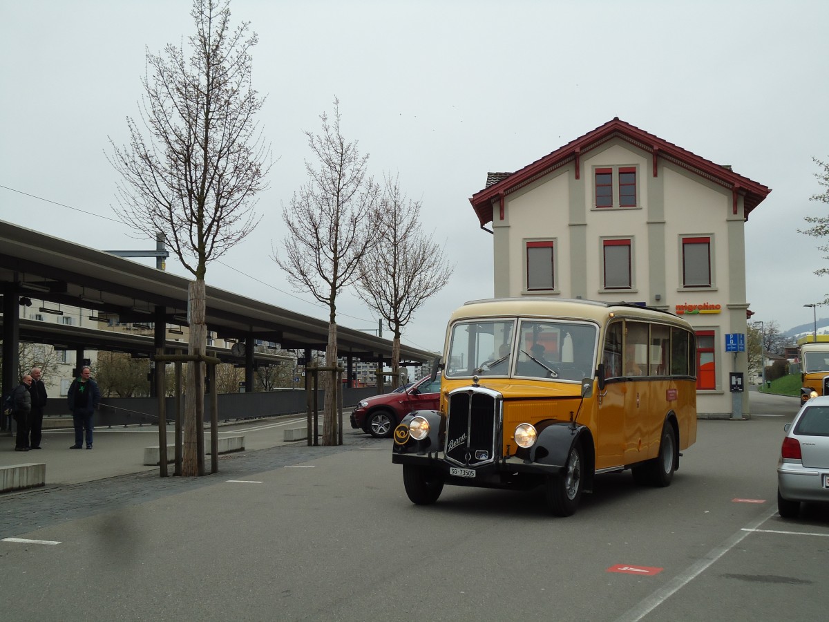 (143'716) - Baumgartner, Horn - Nr. 1/SG 73'505 - Berna/Saurer (ex Chiesa, Minusio) am 20. April 2013 beim Bahnhof Goldach