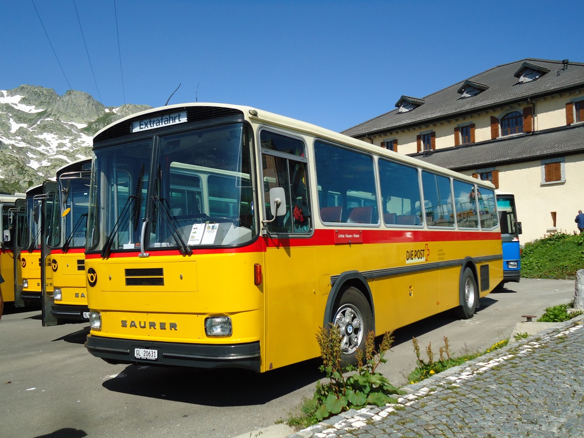 (145'830) - Schmid, Glarus - GL 20'631 - Saurer/Tscher (ex Mosimann, Aesch; ex Erne, Full; ex P 24'257) am 20. Juli 2013 in Gotthard, Passhhe