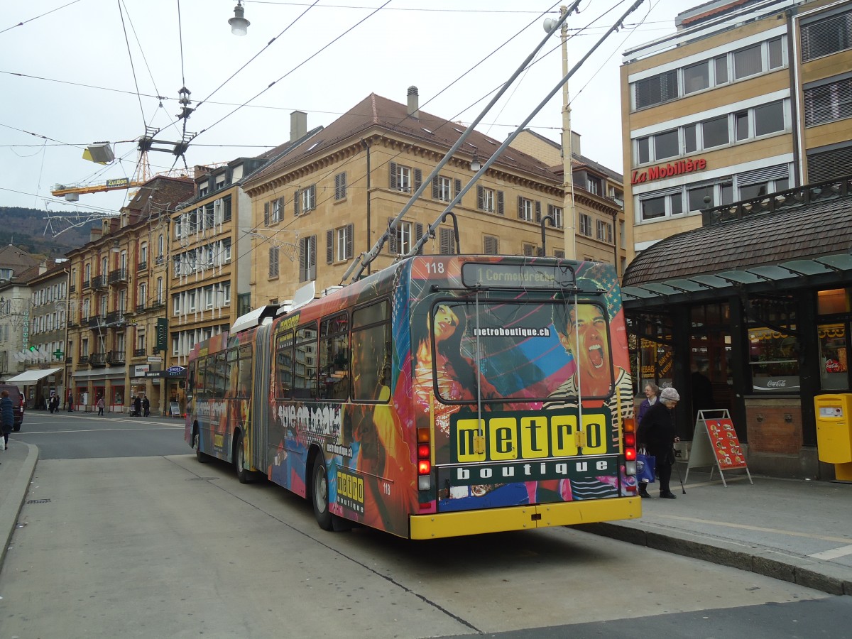 (148'002) - transN, La Chaux-de-Fonds - Nr. 118 - NAW/Hess Gelenktrolleybus (ex TN Neuchtel Nr. 118) am 8. November 2013 in Neuchtel, Place Pury