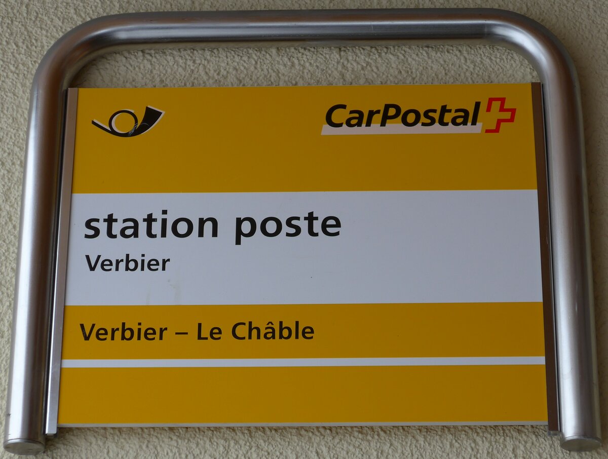 (148'728) - PostAuto-Haltestellenschild - Verbier, station poste - am 2. Februar 2014