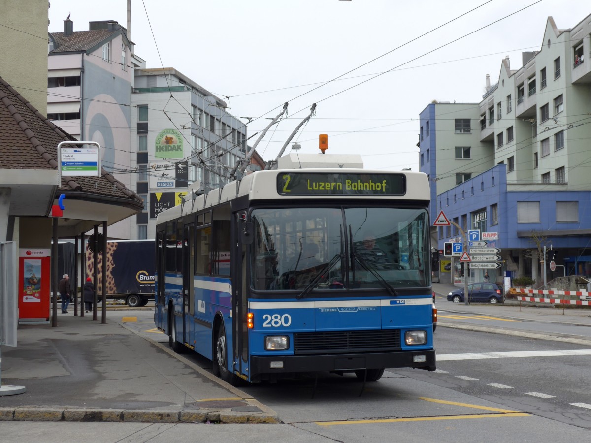 (148'988) - VBL Luzern - Nr. 280 - NAW/R&J-Hess Trolleybus am 16. Februar 2014 in Emmenbrcke, Centralplatz