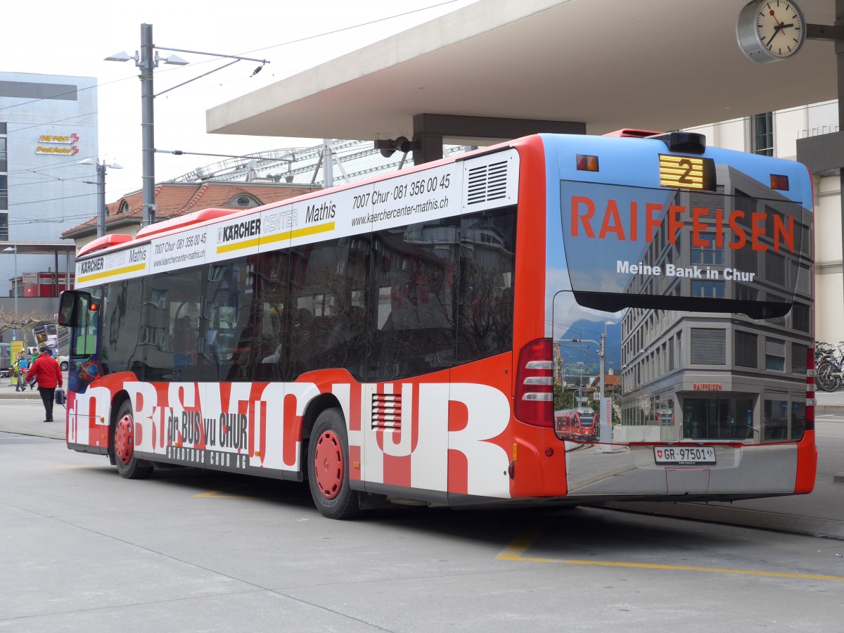 (149'150) - SBC Chur - Nr. 1/GR 97'501 - Mercedes am 1. Mrz 2014 beim Bahnhof Chur