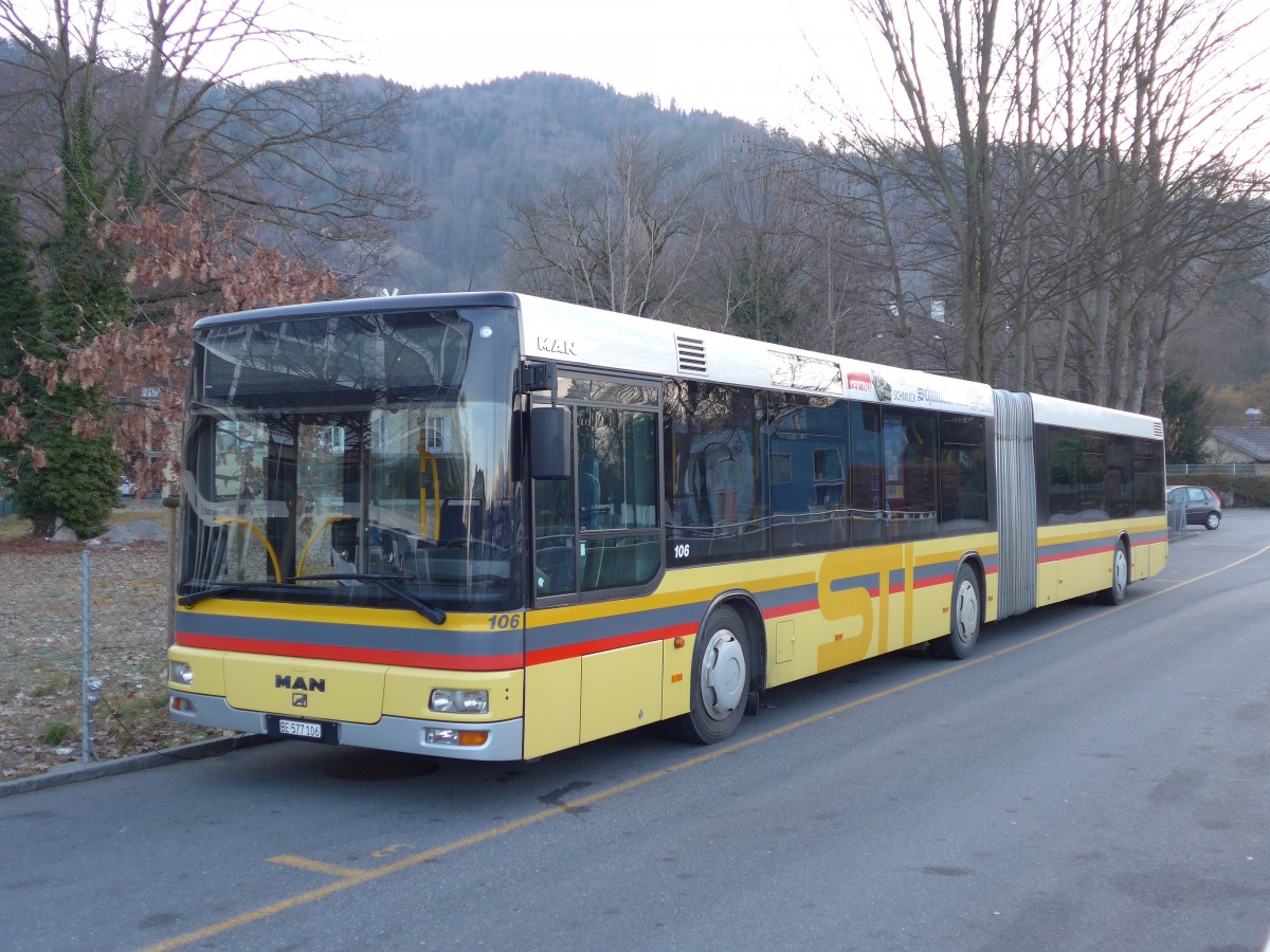 (149'175) - STI Thun - Nr. 106/BE 577'106 - MAN am 9. Mrz 2014 bei der Schifflndte Thun