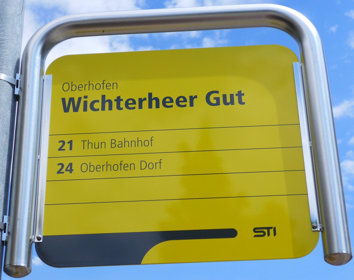 (151'778) - STI-Haltestellenschild - Oberhofen, Wichterheer Gut - am 22. Juni 2014